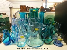 Over twenty pieces of glass in blues and teals, Whitefriars and others,