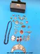 A white metal brooch in the form of a scarab beetle, agate brooch,