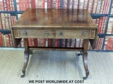 A 19thC mahogany inlaid and crossbanded sofa table fitted with two drawers to one side and two