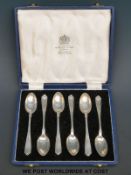 A cased set of six hallmarked silver Mappin & Webb spoons in fitted case