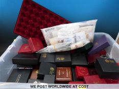 A large quantity of sovereign boxes and cases including Royal Mint Pobjoy, gold proof boxes,