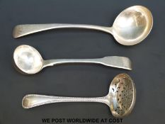 Two Georgian hallmarked silver toddy/brandy ladles and a Victorian sifter spoon,