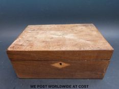 A 19thC inlaid mahogany jewellery or sewing box with fitted lift out tray