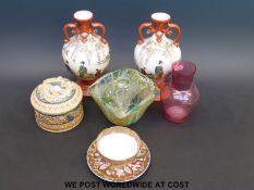 Two Japanese vases. Japanese covered box, cranberry glass vase, Mdina etc.