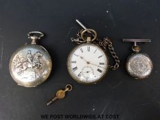 A silver ladies fob watch with an enamel face,