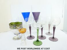 Six hock glasses, two coloured cocktail glasses, Art Deco glass,