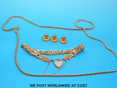 A 9ct gold gate bracelet, a 9ct gold necklace and three 9ct gold studs (13.