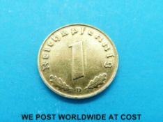 A gold 1939 Deutsches Reich one Reichspfenning (2g)
