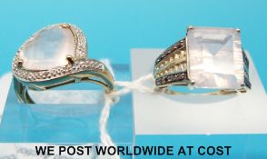 Two 9ct gold rings one set with pink quartz and diamonds in a heart shape and the other pink quartz