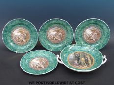 A Prattware tazza 'The Bully' and four dessert plates with pastoral scenes in malachite surround