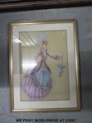 An oil on canvas of a lady with fur stole, together with a watercolour of a lady sitting on a fence,