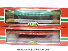 Four Lehmann-Gross-Bahn (LGB) 'The Big Train' gauge 1 flat trucks 40540 and 41540,