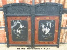 A two part Chinese screen set with mother of pearl and abalone depicting birds within lacquer and