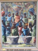 Two African oils on canvas of women in a market,