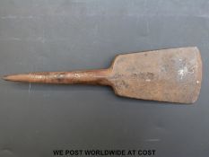 A Japanese bronze axe head with signature to one side, 20cm long.