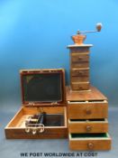 A Lion No 2 copier in case together with a coffee grinder and small chest of drawers