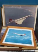 Eight various prints and pictures of Concorde including original mixed media signed Westbury