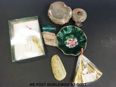 A bowl from Israel, a cloisonne dish, mother of pearl pin,