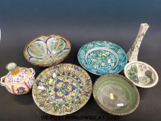 Two Persian pottery bowls decorated with blue, green and yellow,
