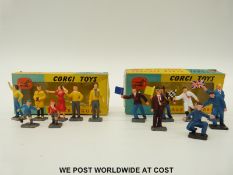 Two sets of Corgi Toys figures, Race Track Officials 1503 and Spectators 1502,
