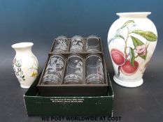 Two Portmeirion vases together with a set of six Portmeirion glasses in original box