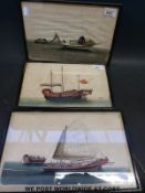 Three Japanese watercolours of boats on rice paper each approximately 19.5x31cm.
