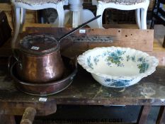 Two copper pans, ceramic basin,