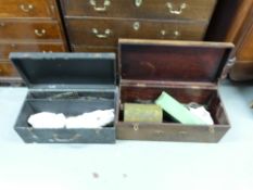 Two wooden boxes containing Hornby 0 gauge model train track