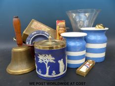 Copper items, brass bell,