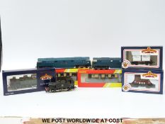 Four Bachmann and Lima 00 gauge locomotives together with two wagons, some in original boxes.