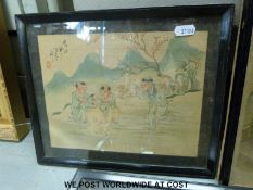 Three Japanese woodblock prints on silk together with two pictures.