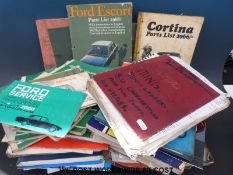 A quantity of car parts and service manuals etc to include Rover, Ford Capri, Lockhead,