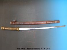 Japanese shinto katana sword with 74cm blade, bound white shagreen tsuka, gilt pierced tsuba,