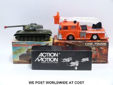 Two Japanese battery operated toys, a Fire Truck and a Patton Tank,