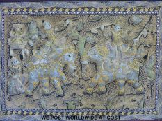 A decorative Thai / Eastern tapestry featuring figures riding elephants (60 x 85cm)