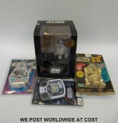 Six Star Wars figures and related items including Talking Bank, games consoles, etc,