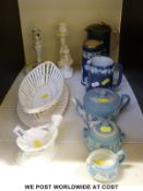 A collection of 19th/20thC Wedgwood Jasperware including a tea set, silver mounted cylindrical vase,