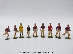 Nine Britains hollowcast lead footballers including two goal keepers with moveable arms,