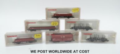 Six Fleischmann Piccolo N gauge wagons 8200 x 2, 8220 x 2, 8281 and 8520,