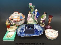 A quantity of ceramics to include Staffordshire spill vase, continental figures, oriental tureen,