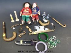 A collection of Chinese jadeite, ivory items, horn walking stick handle, horn necklace,