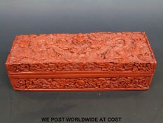 A Chinese cinnabar red lacquer rectangular box and cover decorated with dragons (length 20.