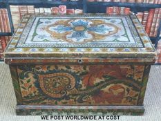 A 19thC painted pine blanket box with an allegorical scene of Arthur and Guinevere with the three