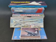 Seven Concorde and similar kits to include 1/144 Revell plastic kits, Airfix,