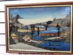 A pair of Japanese paintings on glass and board of harbour/lake scenes.