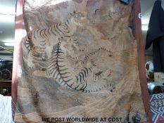 A large Japanese Meiji period tapestry depicting tigers with bronze ground,
