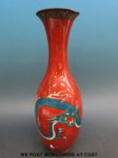 A Chinese cloisonne vase decorated with blue dragon on red ground (35cm tall)
