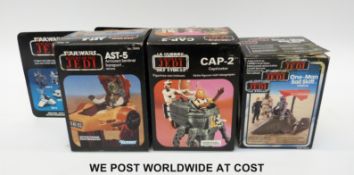 Three Star Wars Return of the Jedi Palitoy mini-rigs CAP-2, AST-5 and One-Man Sail Skiff,