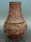 A 19thC Chinese cinnabar lacquer vase with carved dragon decoration (19.