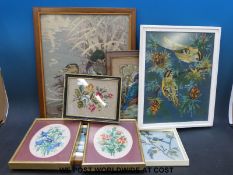 A collection of framed embroideries in frames to include a kingfisher, ducks, blue tits etc.